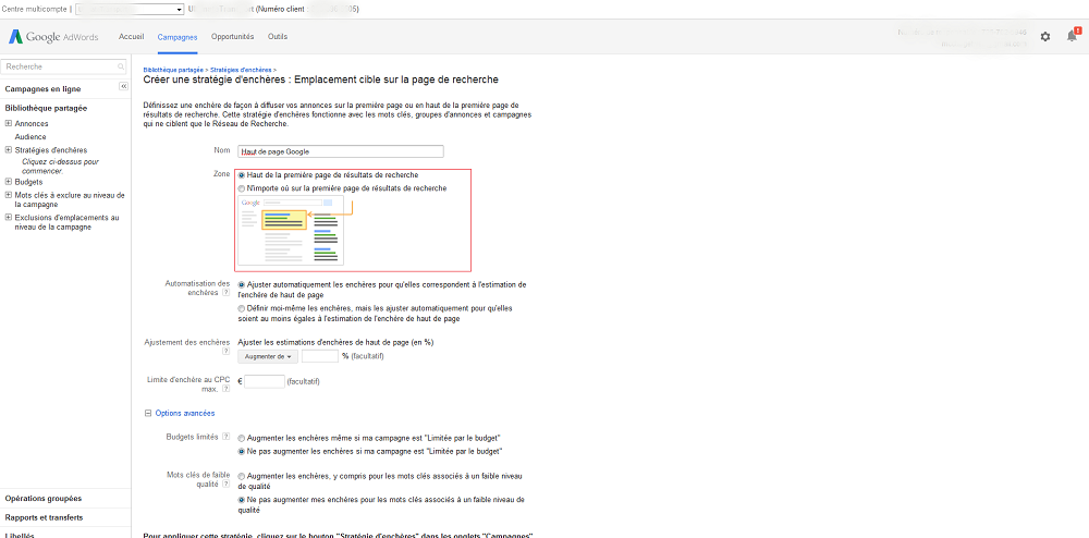 filtre haut page google AdWords