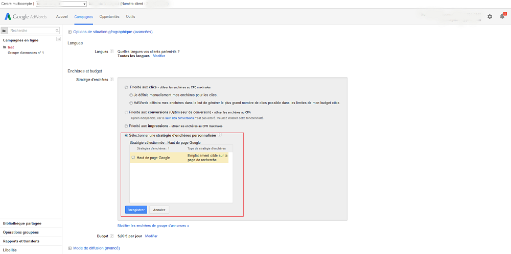 parametre enchere personnalise AdWords