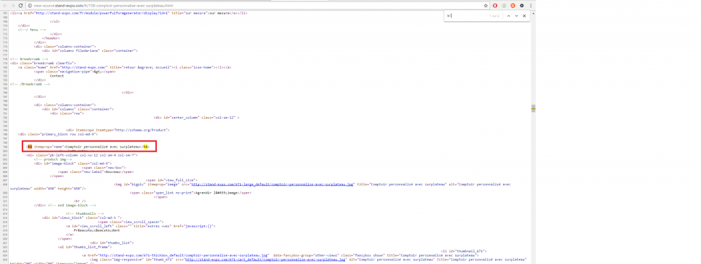 Exemple balise h1 produit Prestashop